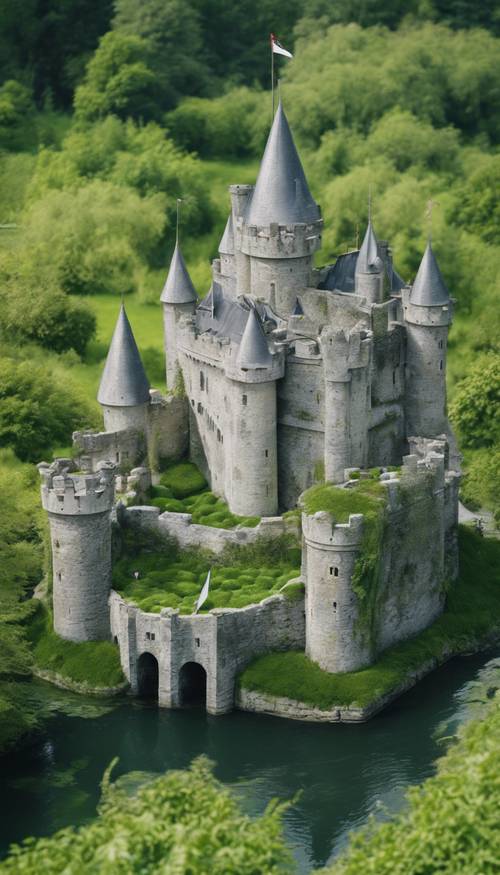 一座历史悠久的灰色石头城堡，周围环绕着充满绿藻的护城河。