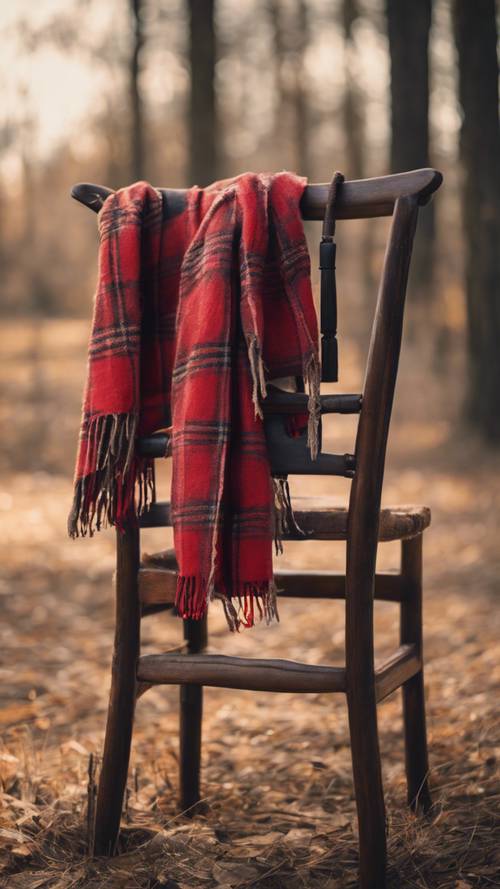 Una delicata sciarpa scozzese rossa drappeggiata su una sedia di legno in un ambiente rustico.