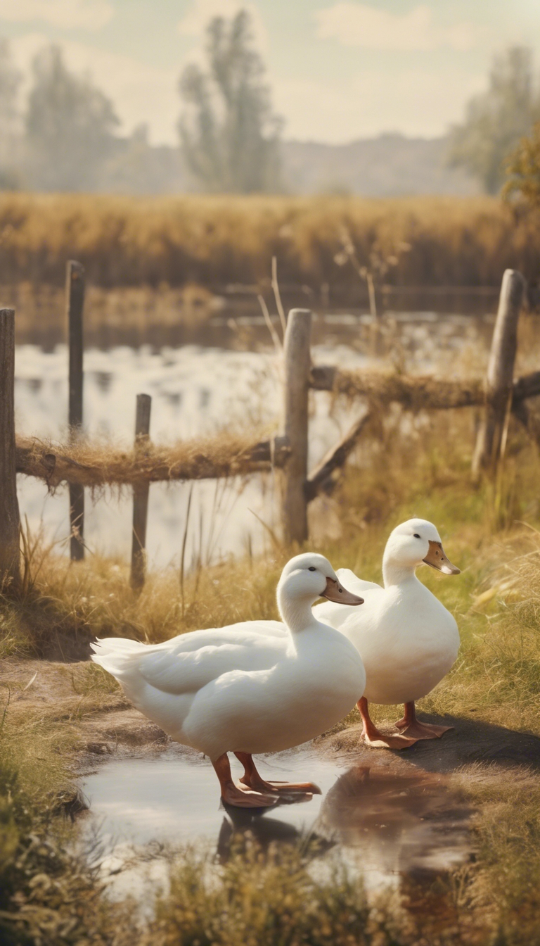 Vintage painting of a pair of white ducks in the countryside. 墙纸[93778345262045a0872c]