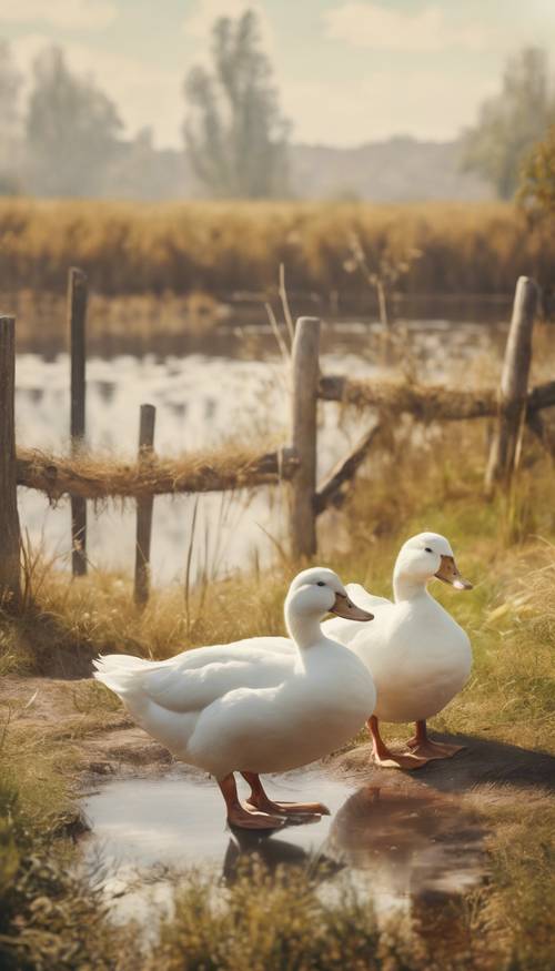 Pintura vintage de um par de patos brancos no campo.