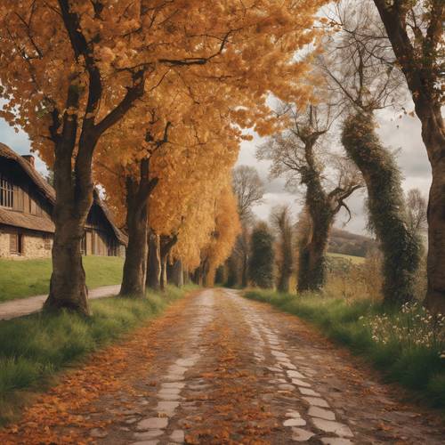 A picturesque lane lined with trees blossoming in fall colors near a quaint farmhouse.