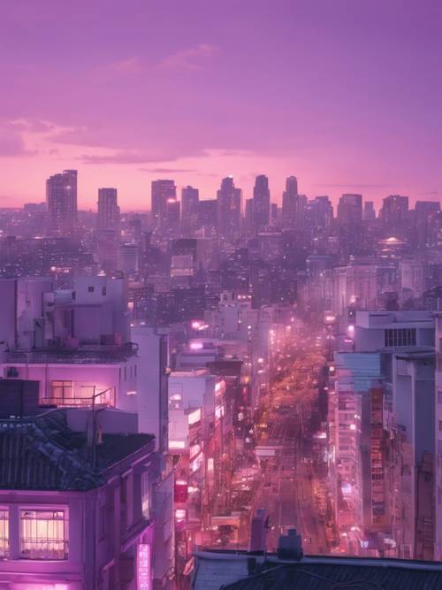 Un paesaggio urbano in stile kawaii tinto nei toni del viola pastello durante un magico crepuscolo.