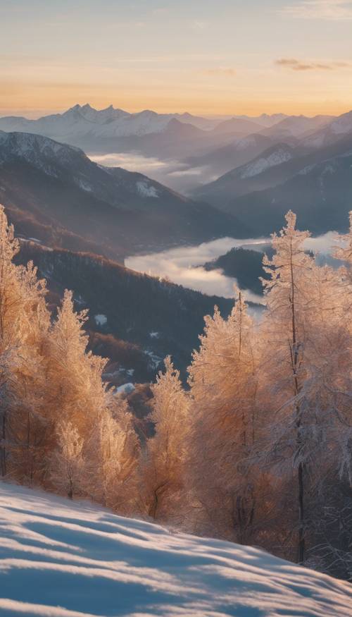 A tranquil aesthetic scene of a New Year’s day sunrise over mountains.