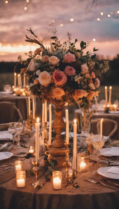 Um casamento com tema boho com arranjos florais sob o céu do pôr do sol