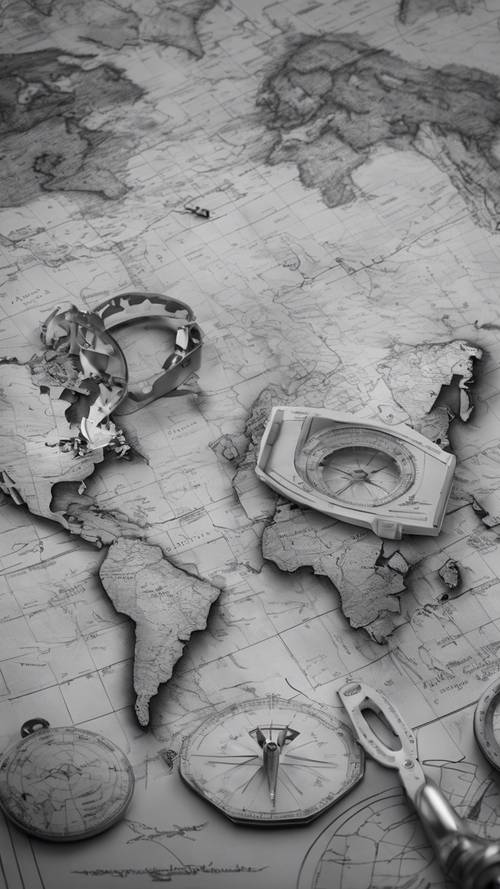 Una mappa del mondo in scala di grigi disposta su un tavolo di legno con una bussola al suo fianco.
