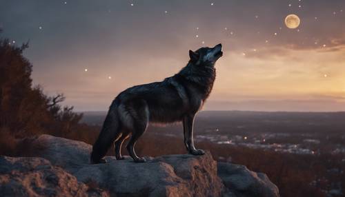 Serigala gelap mistis berdiri di atas tebing saat senja, melolong ke arah bulan.