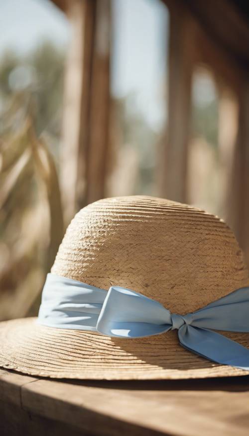 A cream-colored straw hat with a wide brim and a pale blue ribbon placed elegantly on a wooden table in a sun-drenched rustic room.