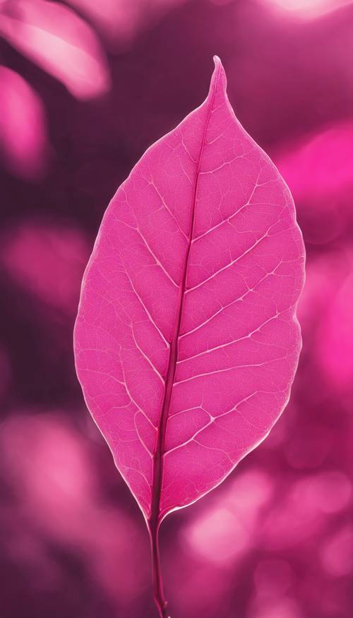 Karya seni digital dari daun Sassafras yang hiperrealistis, ditampilkan dalam warna merah jambu cerah dan berani.