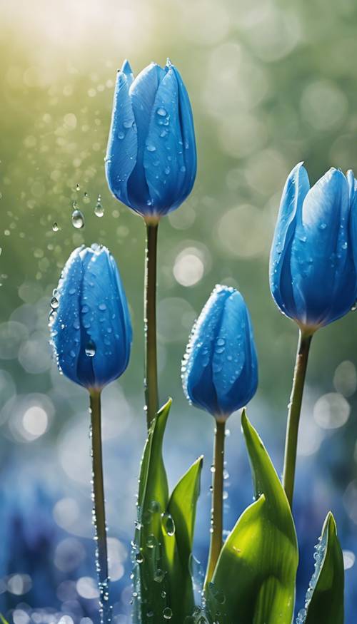 Several blue tulips with dew drops on their petals in a vivid morning scene. Wallpaper [8d8eaaaa863b491bac06]