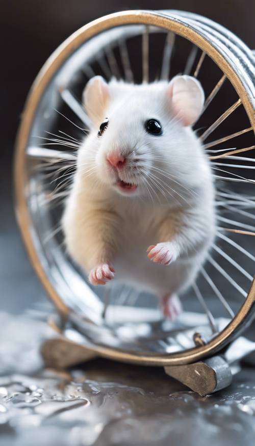 An action shot of a white Winter White Hamster enthusiastically running full speed on a shiny silver wheel.
