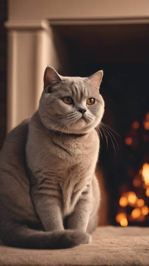 나이 많은 브리티시 숏헤어 고양이가 따뜻한 벽난로 옆에 평화롭게 앉아 있고, 부드러운 빛이 털을 비춥니다.