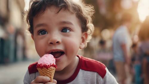 Un bambino piccolo che si delizia con un cono gelato di velluto rosso, con un&#39;espressione di gioia con gli occhi spalancati sul viso.