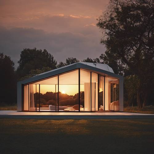 Une vue panoramique d&#39;une maison minimaliste de forme géométrique contre un soleil couchant.