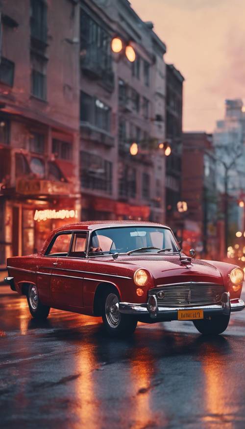 Una pintura al óleo de un coche clásico, de color rojo brillante, circulando por una calle de una ciudad moderna al anochecer.