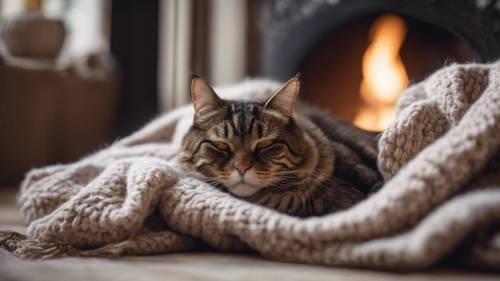 짙은 갈색 얼룩무늬 고양이가 불이 켜진 벽난로 옆 캐시미어 담요 위에서 여유롭게 낮잠을 자고 있습니다.