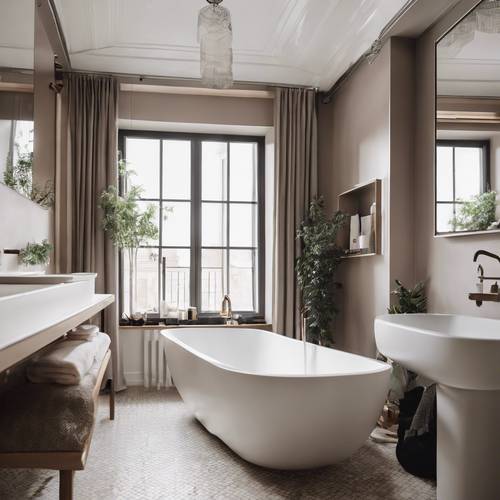 Kamar mandi berwarna netral dengan estetika minimalis dan bathtub freestanding.
