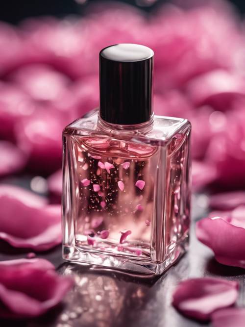 Rosa Rosenblätter, verstreut um ein Paar hochwertiger Parfüms in Kristallflaschen.