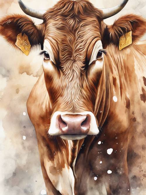 Un dipinto ad acquerello da sogno di una pacifica mucca marrone con un intricato motivo di pelliccia