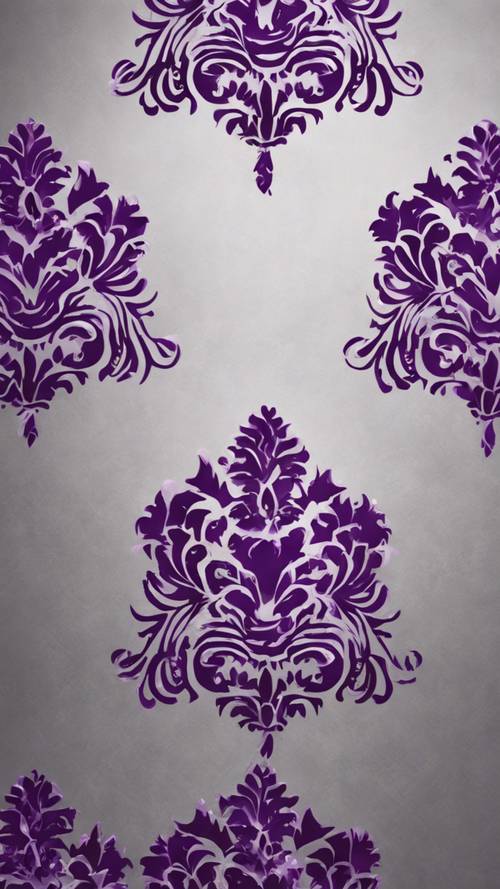 A close-up view of a purple damask pattern on a classy silver background.