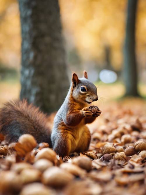 A whimsical image of a cute squirrel nibbling on an acorn in a park filled with beautiful autumn fall leaves.
