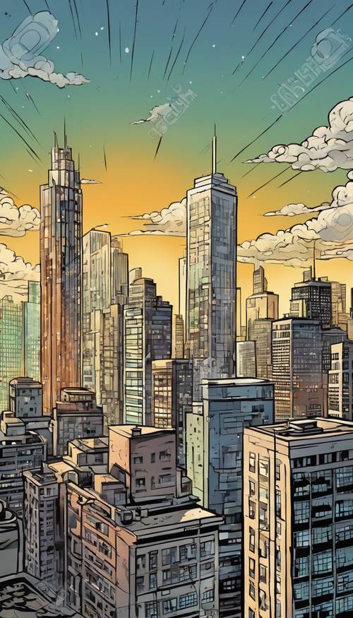 Eine Cartoon-Stadtlandschaft im Morgengrauen mit Wolkenkratzern, die im Morgensonnenlicht glitzern.