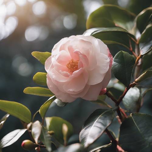 A Japanese camellia flourishing inside a quiet, serene botanical garden.