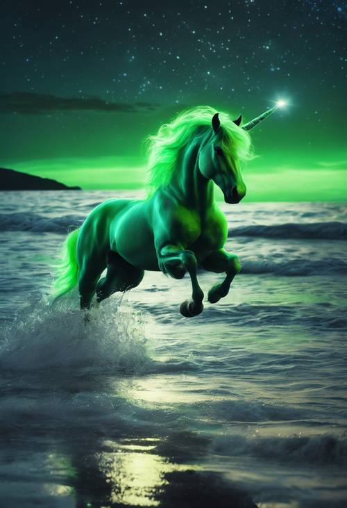 Unicorn hijau neon yang bersinar, membubung di atas pantai yang diterangi cahaya bulan.
