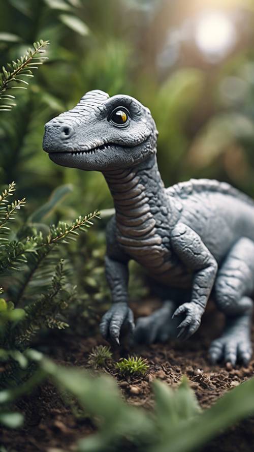 Маленький серый динозавр размером с кролика прячется в кустах.