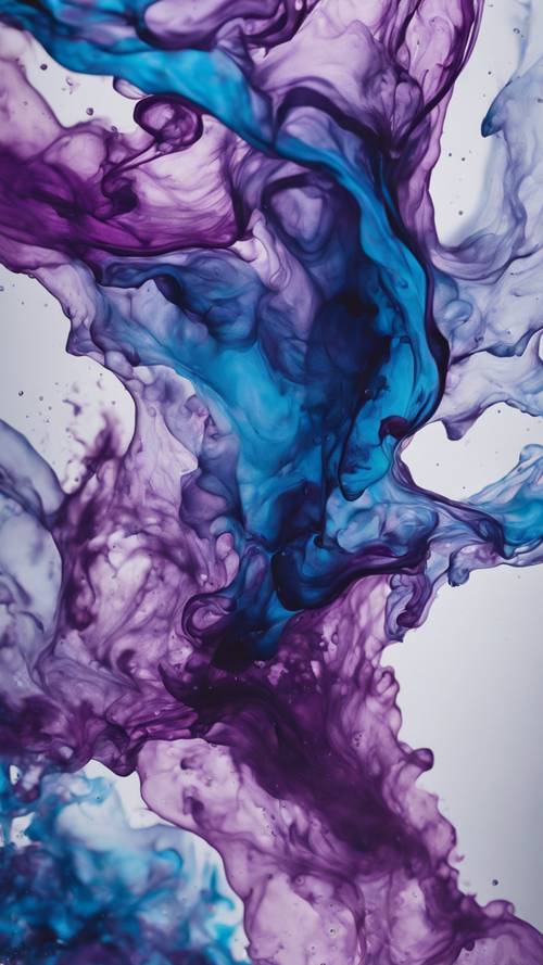 Sebuah karya seni cair abstrak dengan gelombang tinta yang berputar-putar dalam warna biru sejuk dan ungu penuh gairah.