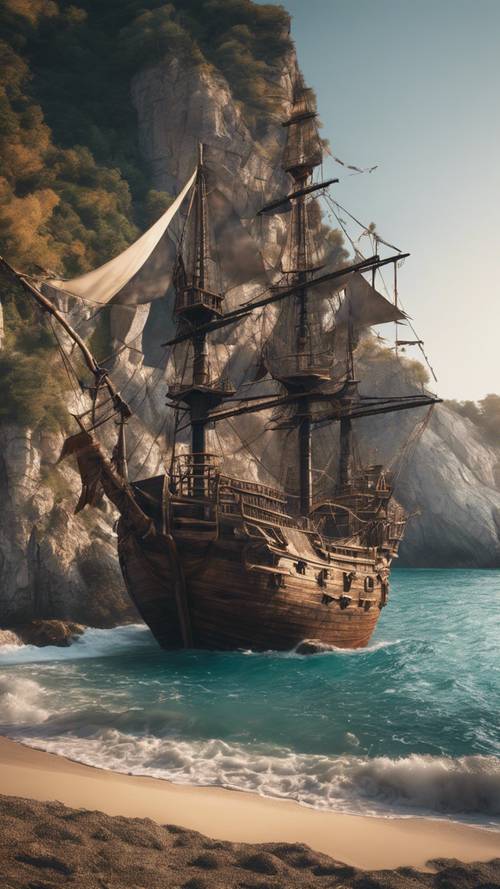 A pirate ship sailing into a hidden cove, surrounded by towering cliffs.