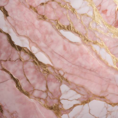 La lumière danse sur une dalle polie de marbre rose aux veines dorées.