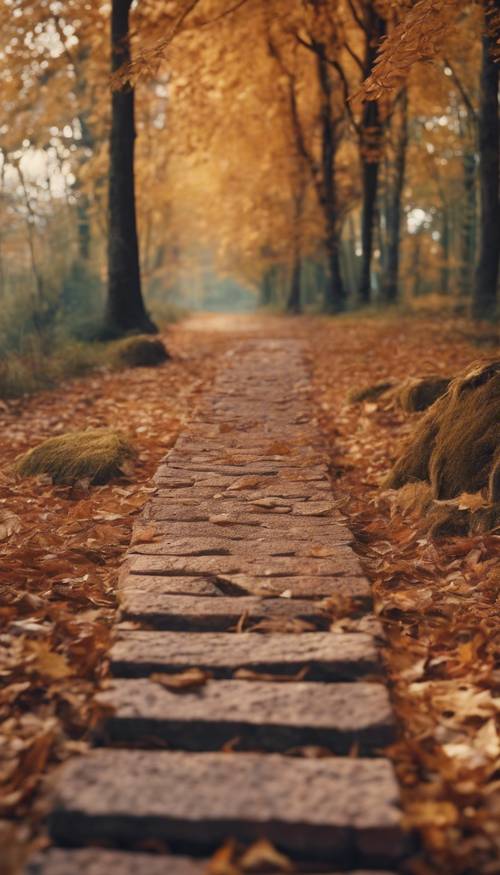 Nahaufnahme eines rustikalen Ziegelwegs durch einen Herbstwald. Hintergrund [fc438fb84c4445fc9d99]