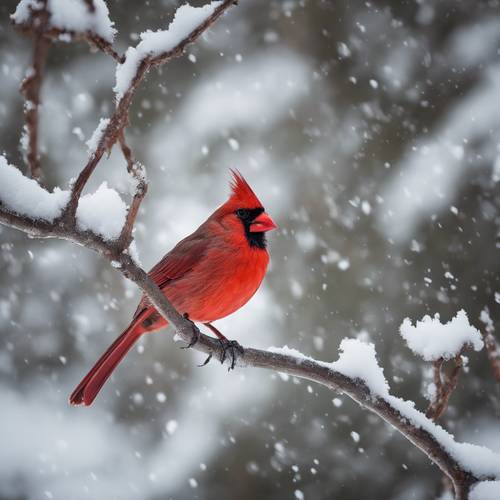 Un fresco uccello cardinale rosso appollaiato su un ramo innevato durante l&#39;inverno.