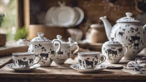 Porcelain tea set with delicate cow print patterns in a country style kitchen.