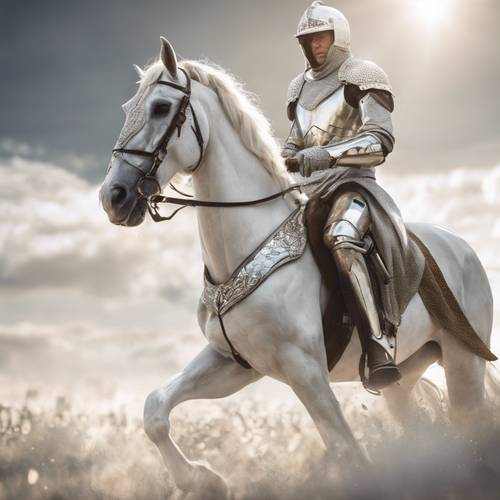 Um cavaleiro branco com armadura brilhante, lança na mão, atacando em um corcel branco.