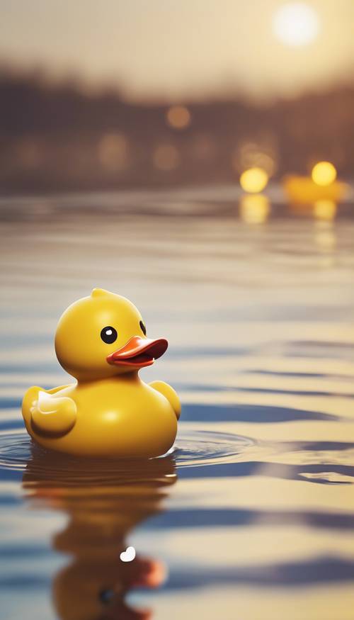 Uma representação animada de um pato de borracha amarelo fofo e feliz.