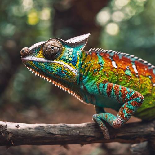 Крупный план любопытного хамелеона с разноцветной чешуей в лесу Мадагаскара. Обои [dedb74ac80054fb4aae4]