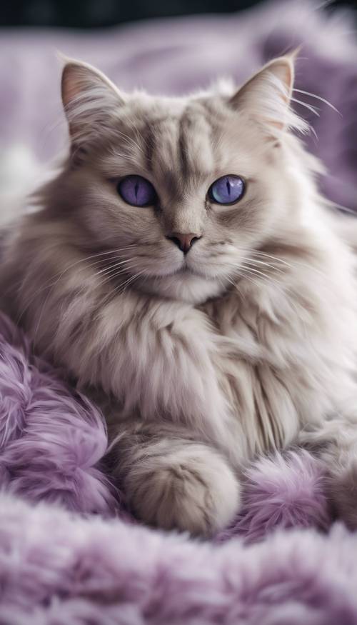 Eine flauschige Katze mit pastellviolettem Fell, die bequem auf einem Stapel weicher Kissen liegt.