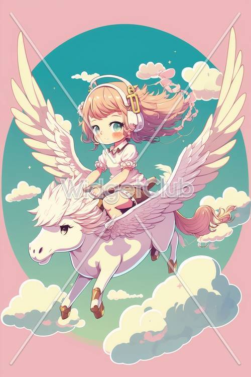 女孩骑着一只神奇的飞翔独角兽在天空中
