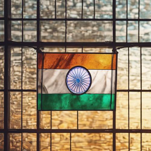 An Indian flag carefully crafted out of stained glass.