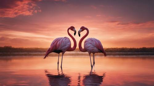 Two flamingos forming a heart shape framed against a stunning sunset. Divar kağızı [0149cf92e777425ea2f3]