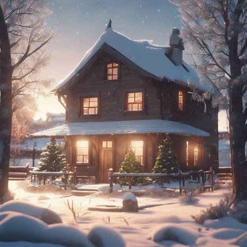 雪景中古朴的动漫农舍，一棵孤独的圣诞树闪闪发光。