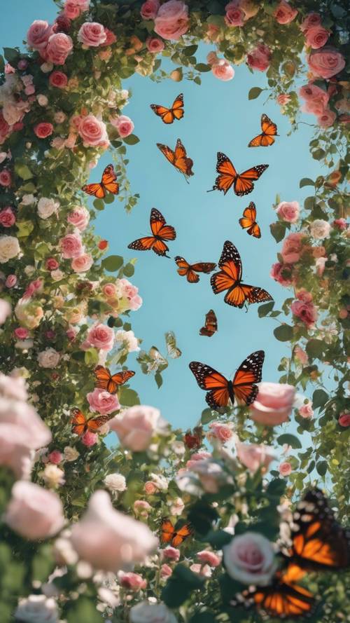 Um jardim verdejante repleto de borboletas coloridas e rosas desabrochando sob um céu azul claro.