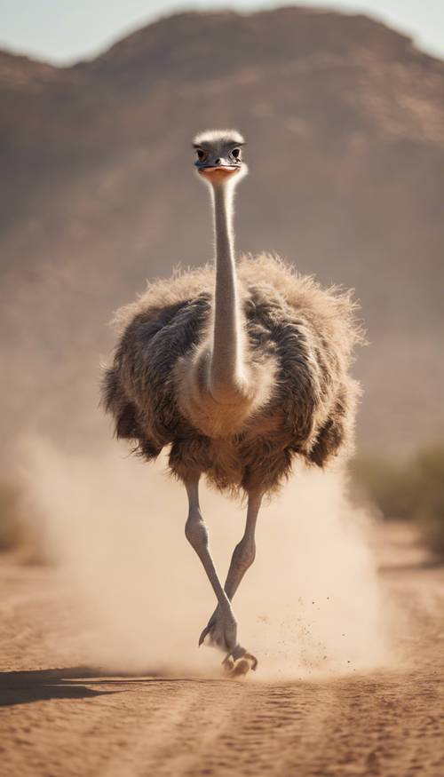 An ostrich running at full speed with a dust trail following it in the desert. Wallpaper [22e376688f344fa3945c]