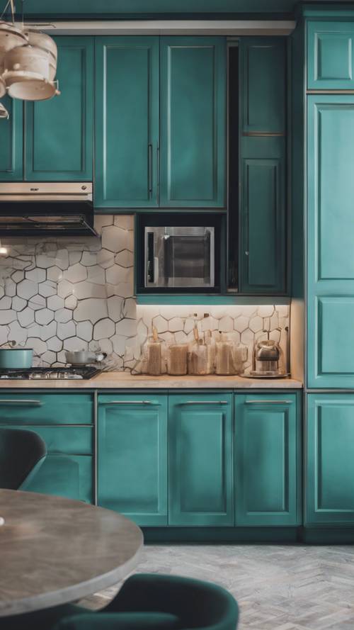 Desain dapur modern didominasi skema warna teal yang sejuk.
