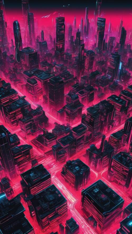 Pemandangan kota cyberpunk dari udara di malam hari, diterangi oleh lampu merah dan hitam.