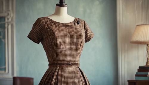 Ein originales braunkariertes Vintage-Kleid aus den 1950er-Jahren, präsentiert auf einer Schaufensterpuppe.