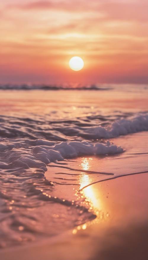 想像日落時分的白色海灘，溫柔的海浪拍打著海岸，夕陽將天空染成橘色和粉紅色。