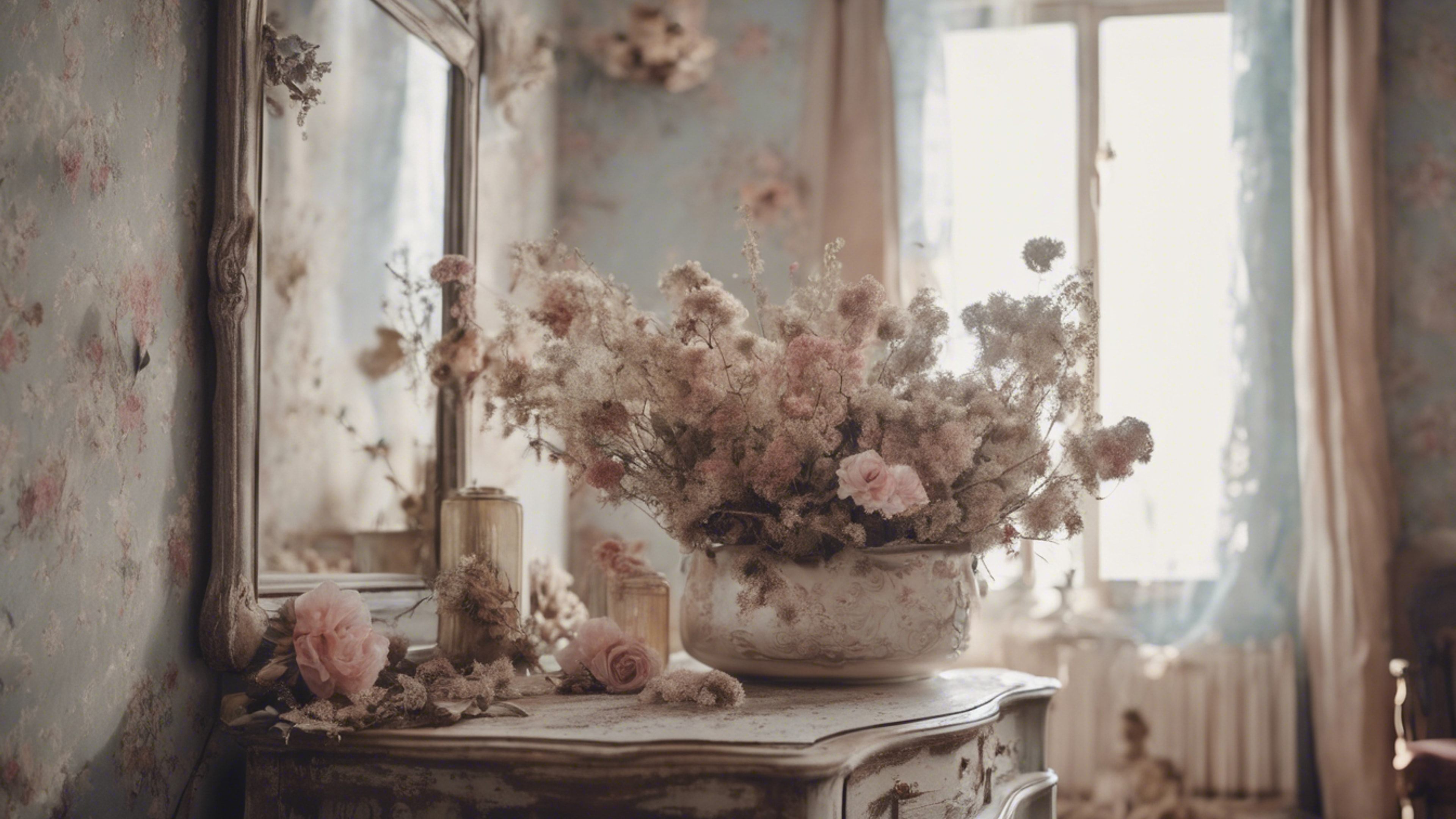 A shabby chic bedroom, decorated with dried flowers and antique, well-loved furniture.壁紙[fbba06827be04bc9b02f]