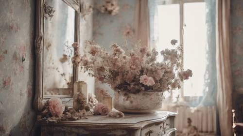 A shabby chic bedroom, decorated with dried flowers and antique, well-loved furniture.